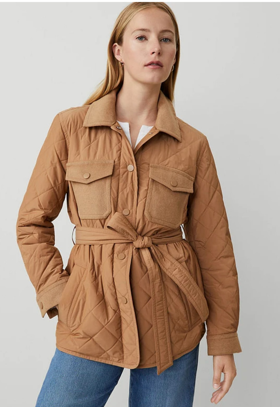 ANN TAYLOR WEEKEND COLLECTION PERFECT CAMEL QUILTED MIXED MEDIA FIELD JACKET L